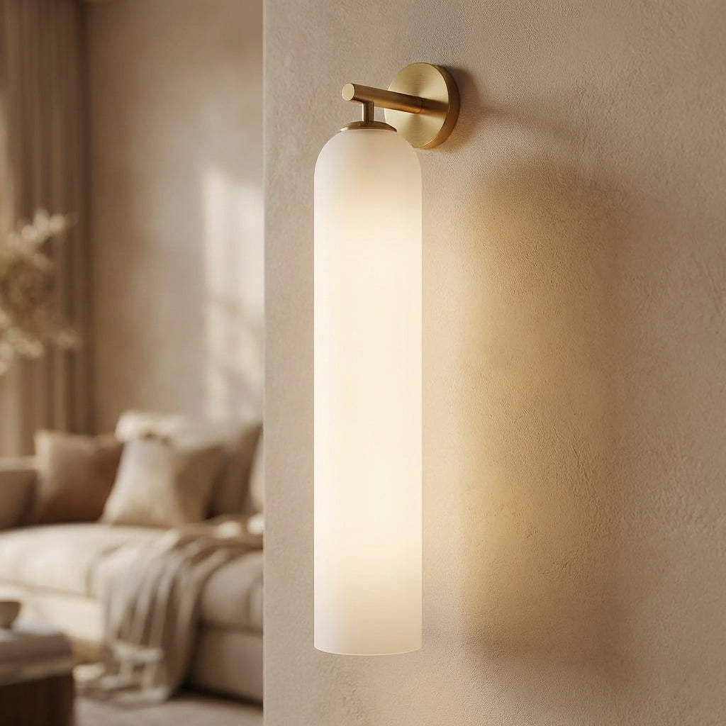 Aurelis modern vertical glass wall sconce, elegant hallway lighting, diffused ambient glow
