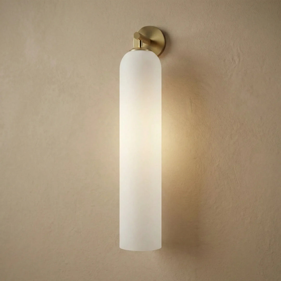 Aurelis vertical glass wall sconce, a sophisticated lighting fixture enhancing modern home aesthetics