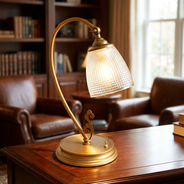 Aurelyne Vintage Curved Table Lamp with metallic finish, perfect for desk or bedside ambient lighting.