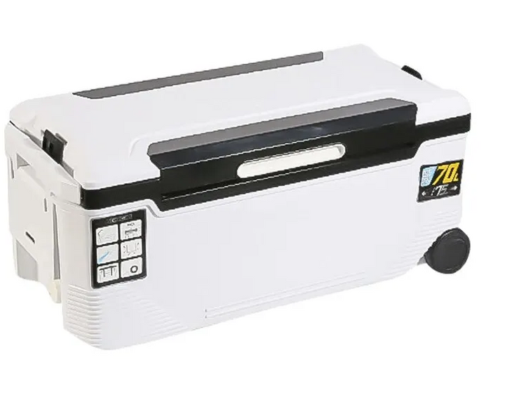 Auren portable fishing cooler box being carried by the ergonomic handle, demonstrating its easy transport for camping gear.