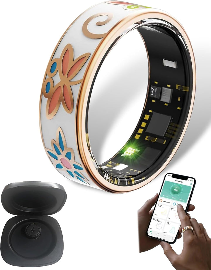 Various angles of the Aurina Smart Enamel Wellness Ring, fitness tracker