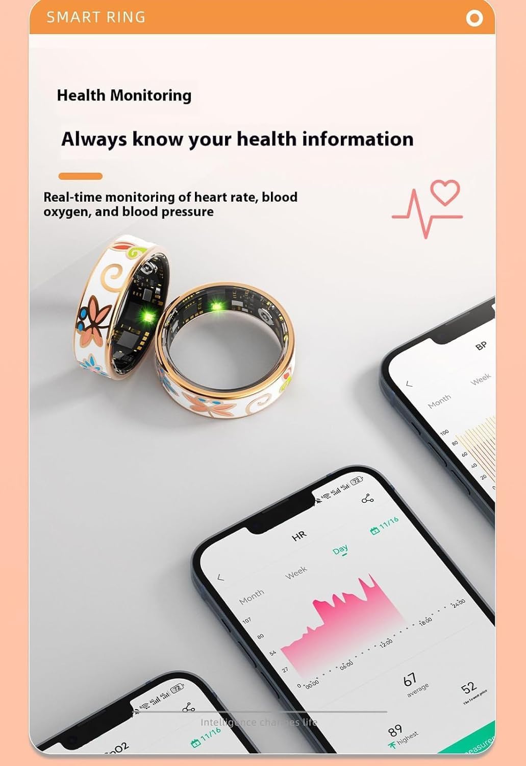 Aurina Smart Enamel Wellness Ring in rose gold, sleep tracker for Android