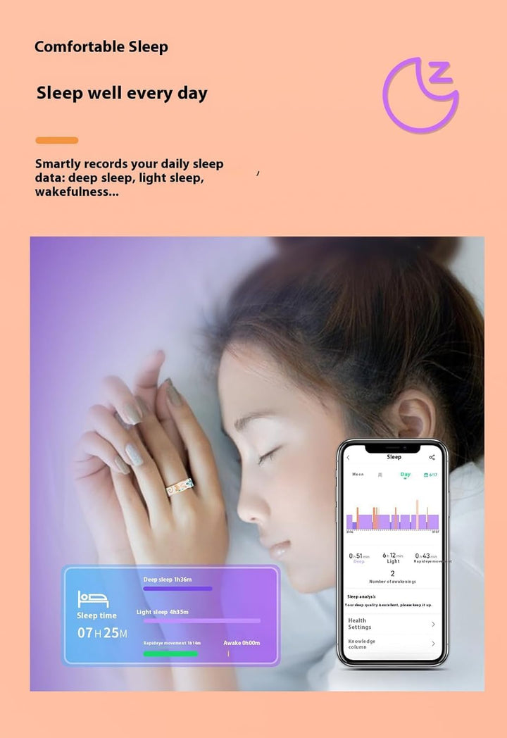 Model wearing a black Aurina Smart Enamel Ring, tracking activity & sleep