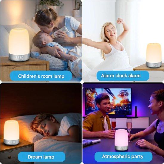Sleek Aurora bedside lamp & smart wake-up light for natural sunrise simulation. Dimmable LED.