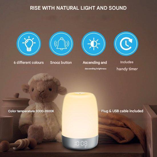Aurora mood light & smart alarm with dimmable LED, simulating natural sunrise & calming sounds.