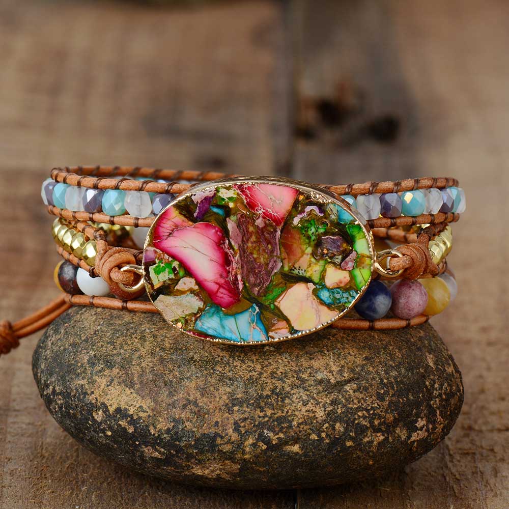 Aurora women's amazonite jasper wrap bracelet, natural stone boho jewelry with healing crystals