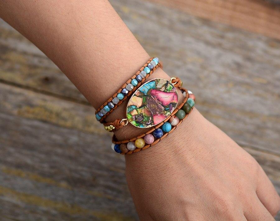 Handmade amazonite jasper wrap bracelet for women, grounding and healing crystal statement jewelry
