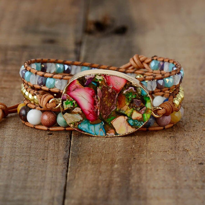 Women's Aurora amazonite jasper wrap bracelet, unique handmade natural stone boho jewelry