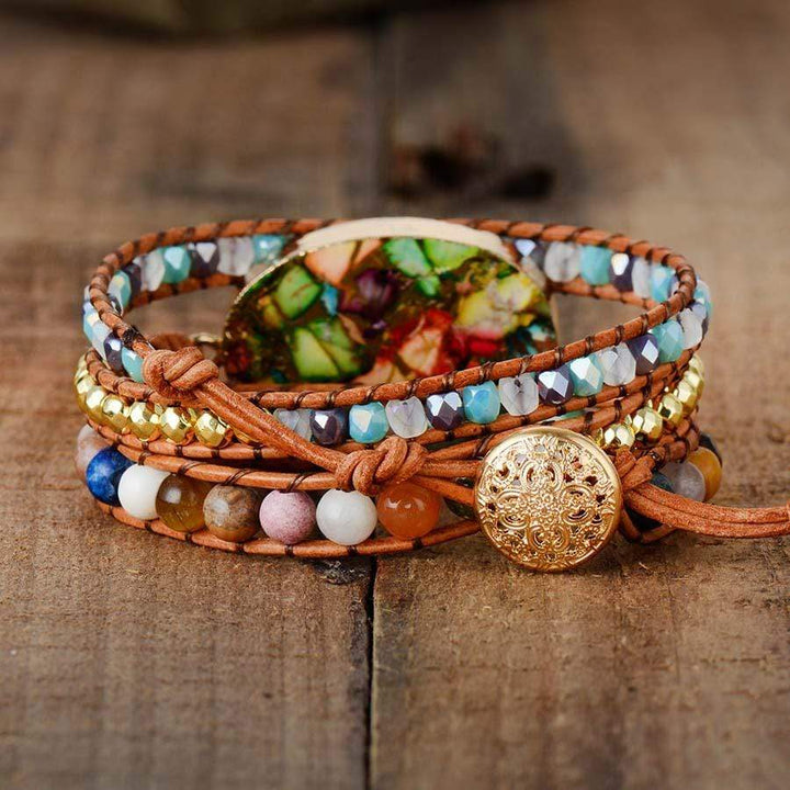 Grounding amazonite jasper wrap bracelet, women's handmade statement piece with healing crystals
