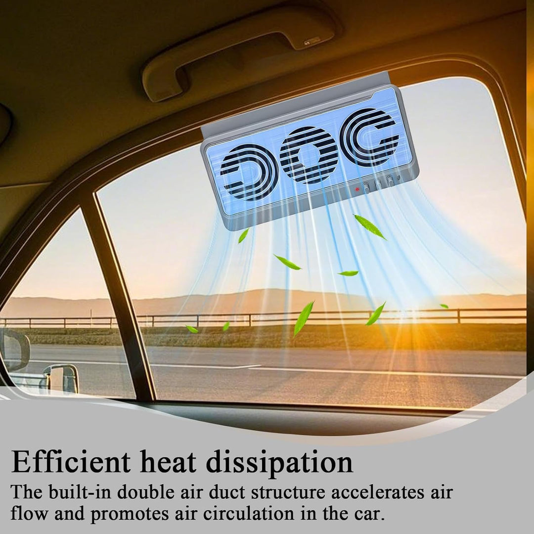 Solar powered car exhaust fan, twin ducts extracting hot air from vehicle interior.