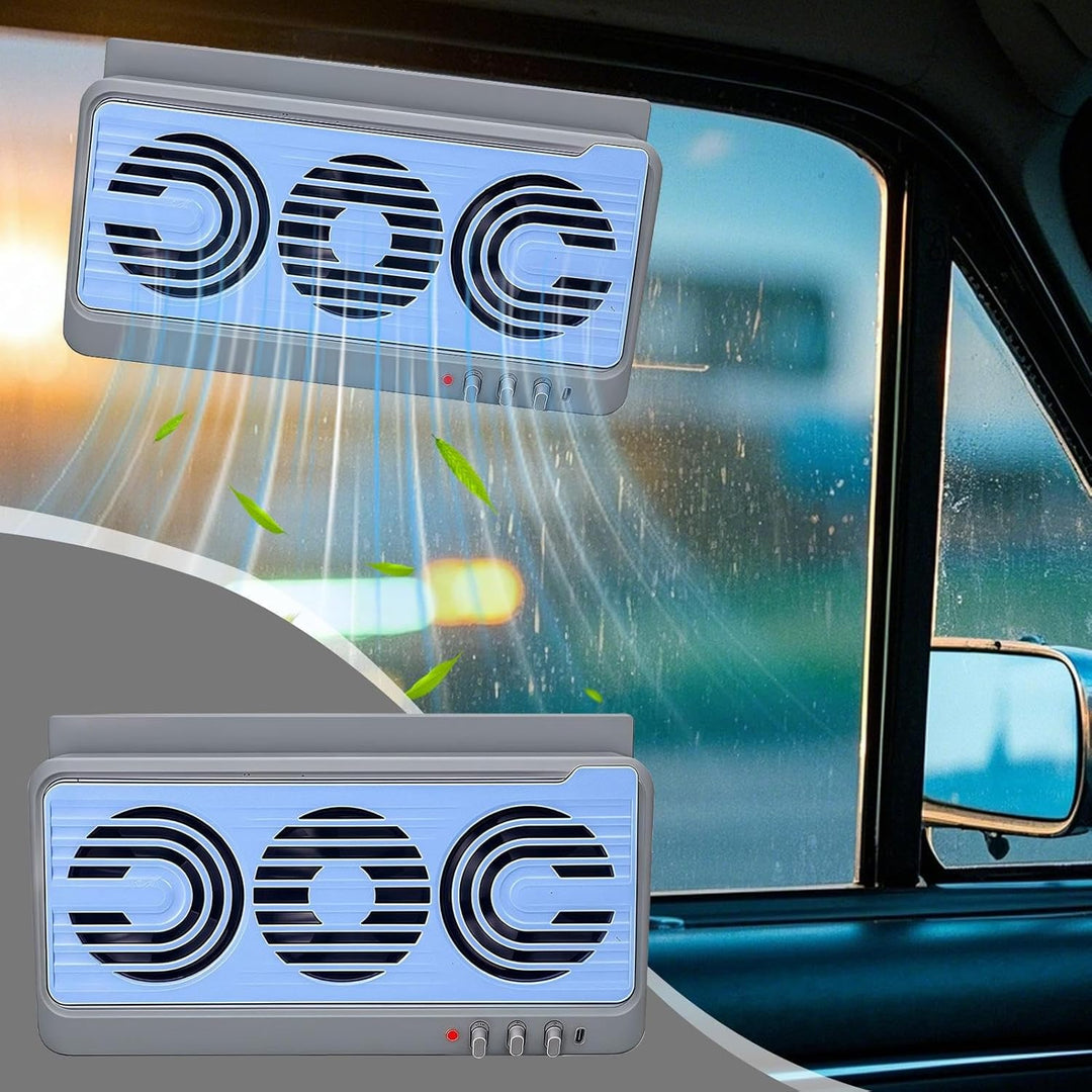 Car window fan with solar panel, providing eco-friendly auto ventilation and cooling.