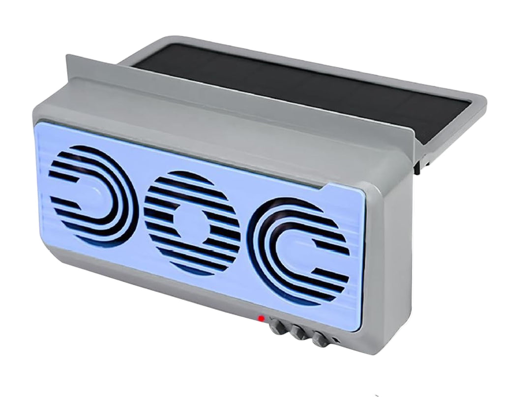 Close-up of Aurovent solar car fan, showcasing its dual duct design for effective cooling.