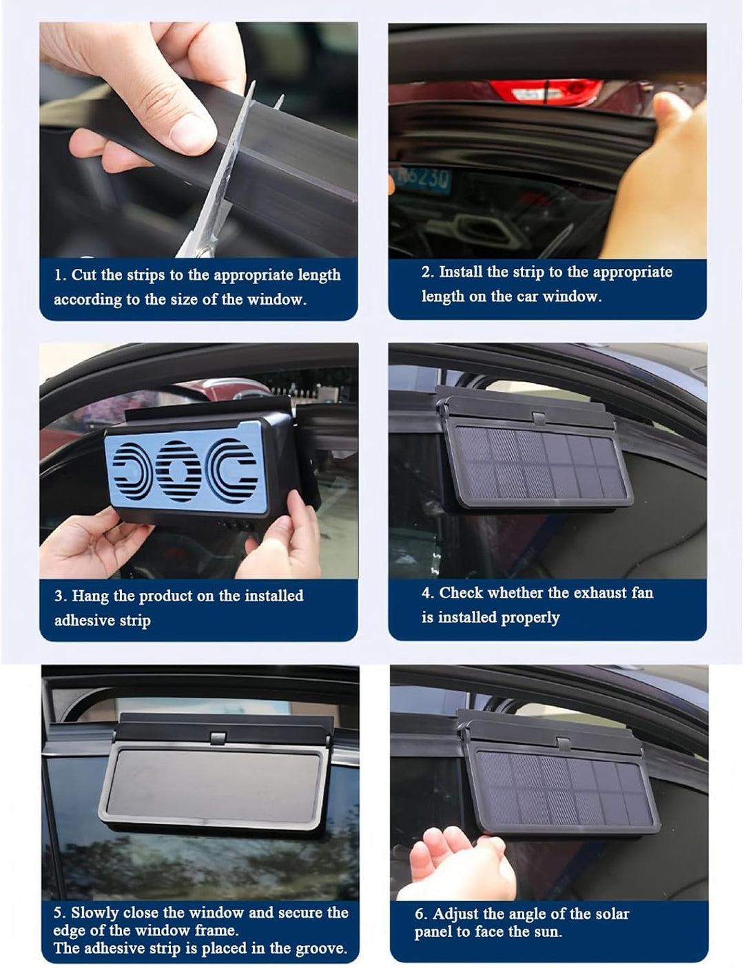 Side view of solar powered car fan, highlighting its compact and efficient dual duct system.