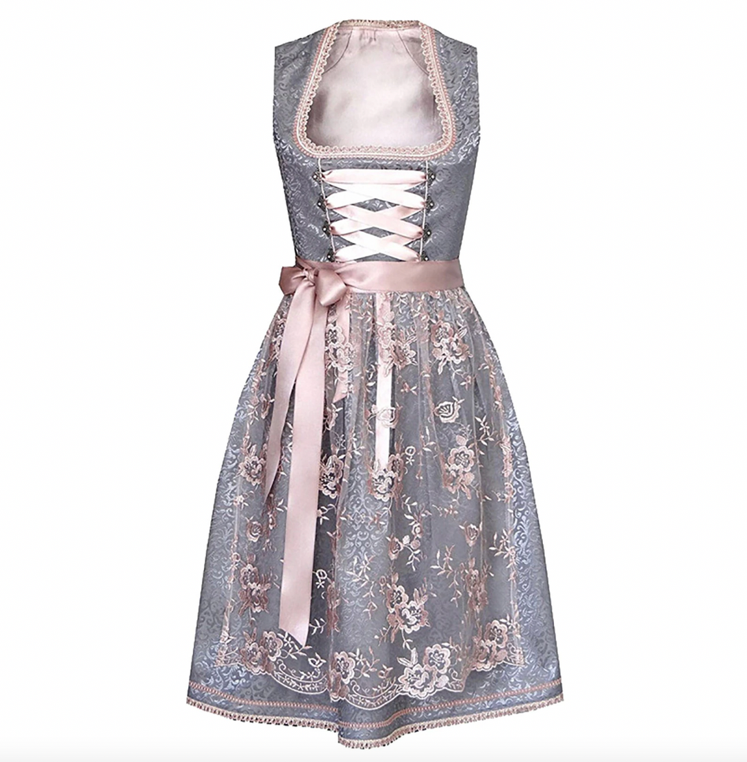 Women's authentic Bavarian Dirndl dress. High-quality traditional Oktoberfest midi outfit with festive charm.