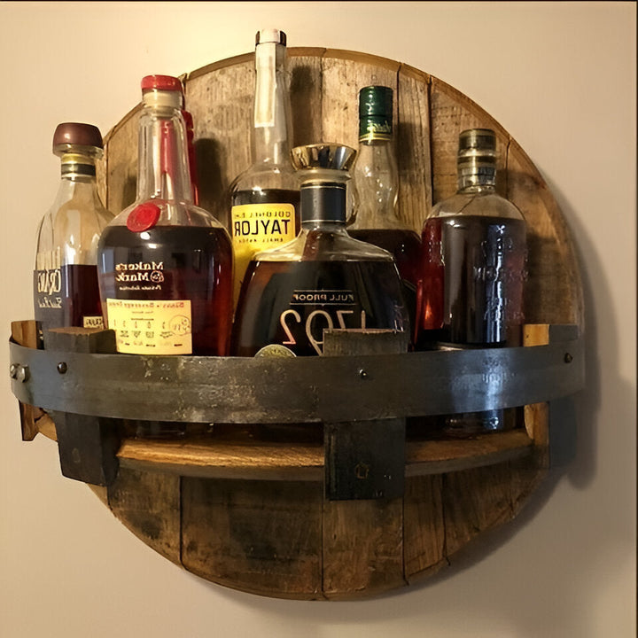 Authentic bourbon barrel whiskey shelf, rustic wall display for home bar decor & liquor storage. Unique barrel furniture.