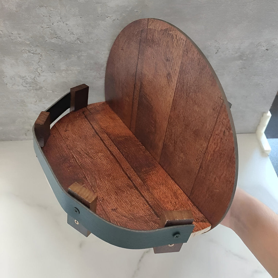 Handcrafted bourbon whiskey barrel shelf. Rustic bar display for spirits. Real oak barrel furniture, perfect home bar decor.