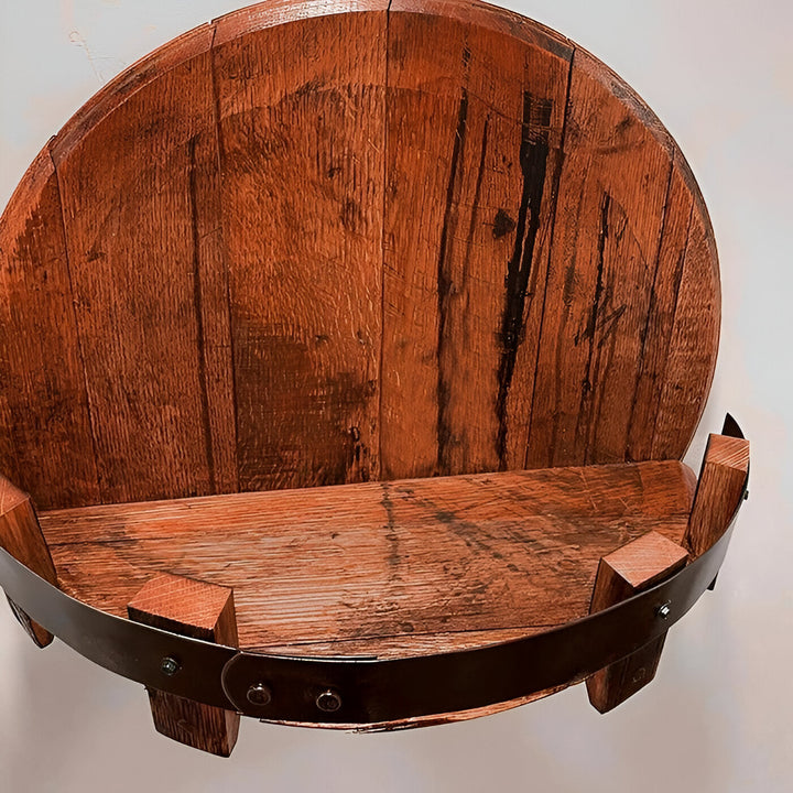 Close-up of rustic bourbon barrel whiskey shelf. Authentic wood texture, unique home bar decor & liquor display furniture.