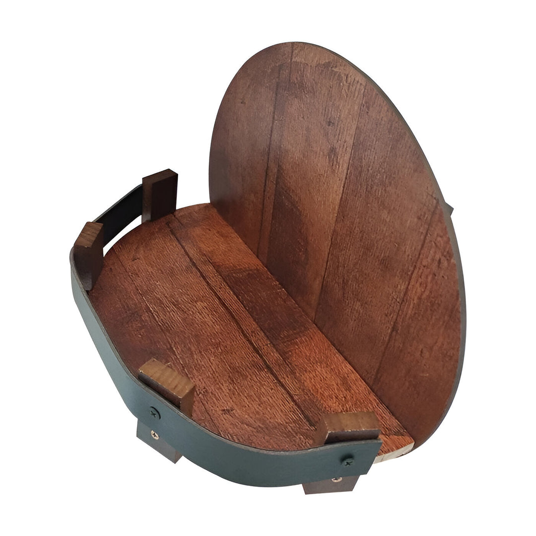 Elegant bourbon barrel whiskey shelf showcasing liquor bottles. Rustic home bar decor & wall display for a unique touch.