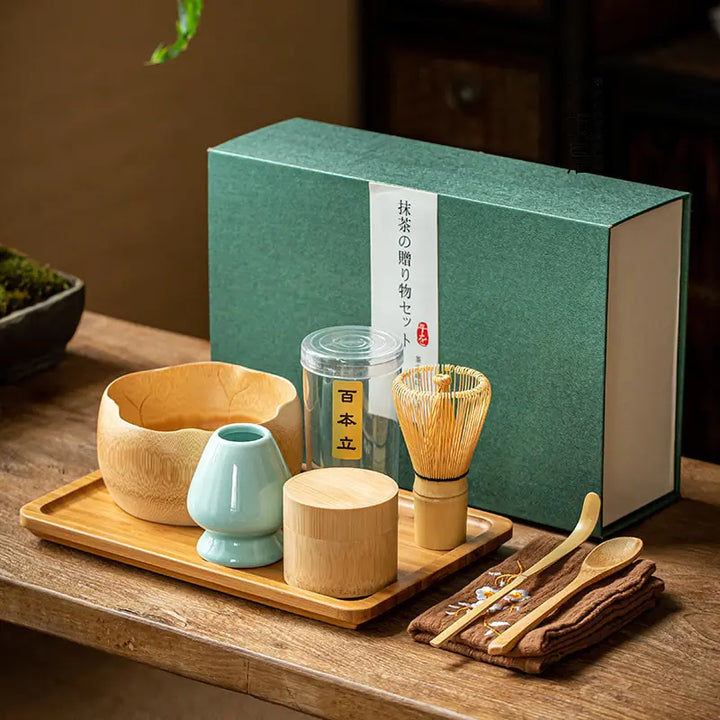 Authentic Matcha Tea Ceremony Gift Set with bamboo whisk, ceramic bowl, and premium green tea powder.