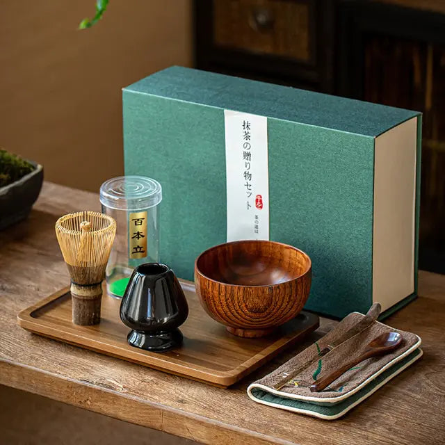 Premium ceremonial grade matcha green tea powder included in an authentic Japanese tea ceremony gift set.