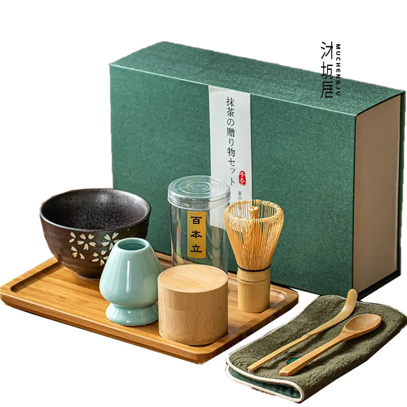Preparing vibrant green tea with an authentic matcha whisk & bowl from this premium tea gift set.
