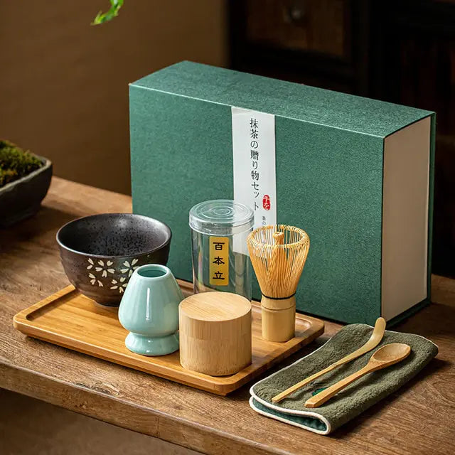 Elegant ceramic matcha bowl with a unique glaze, key component of this authentic tea ceremony set.