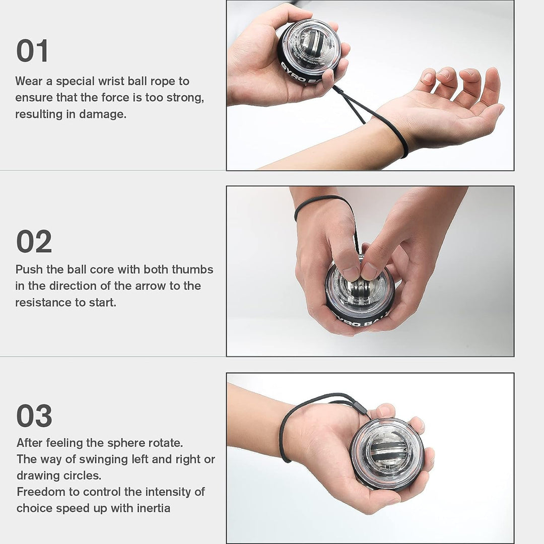 Compact gyroscopic hand exerciser for wrist, forearm & grip strength development.