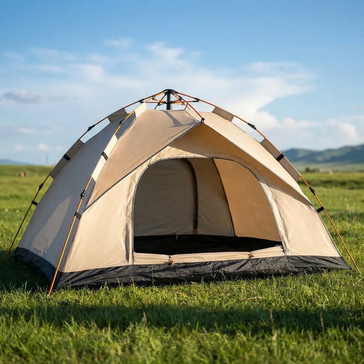 Automatic 4-person pop-up camping tent set up outdoors, ideal for family camping & beach, instant shelter.