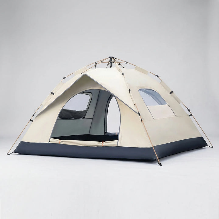 Portable 4-person pop-up outdoor tent, easy to carry for camping & beach, provides instant weather protection.