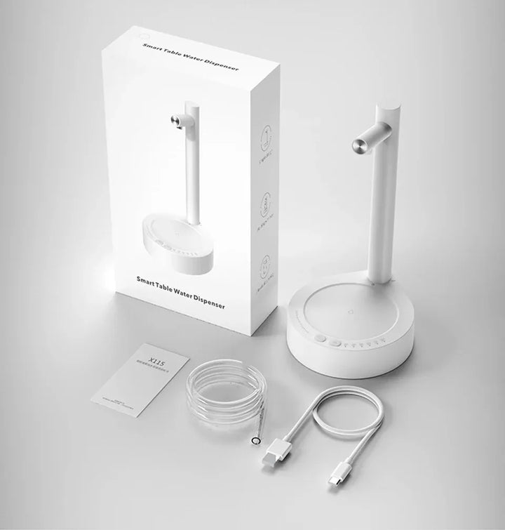 Portable automatic water dispenser, rechargeable. Ideal for home office, camping, or bedside convenience.