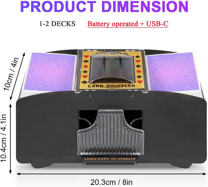 Electric card shuffler for poker and board games; delivers quick, consistent, and smooth shuffles every time.