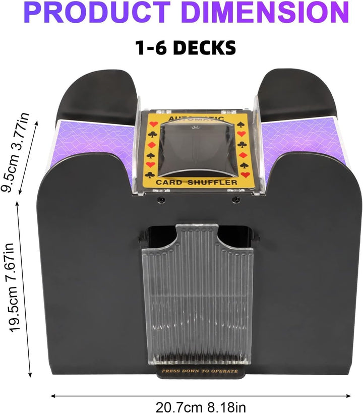 Compact and portable automatic card shuffler, ideal for game nights and quick, efficient playing card distribution.