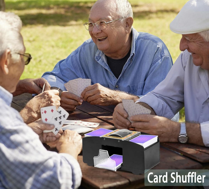 High-speed automatic card shuffler ensures fast, random distribution of playing cards for any card game or party.