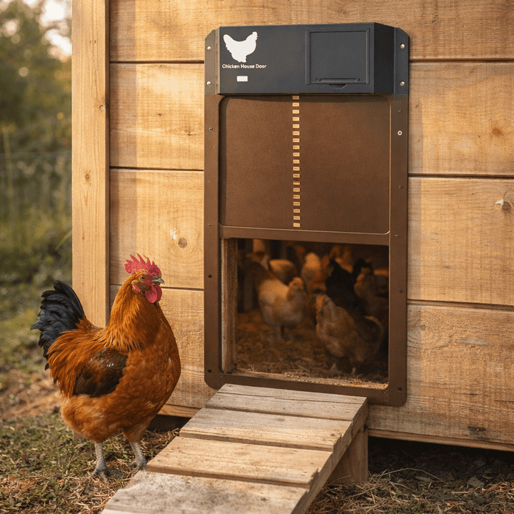 Automatic chicken coop door with daylight sensor for poultry. Easy installation, weatherproof, predator protection.