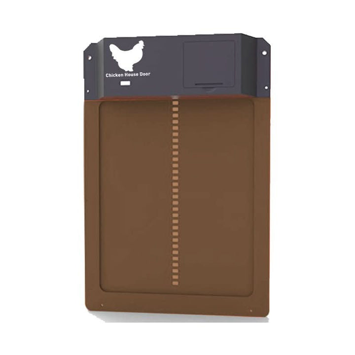 Automatic chicken coop door, open, revealing entrance for poultry. Daylight sensor ensures safe access & predator protection.