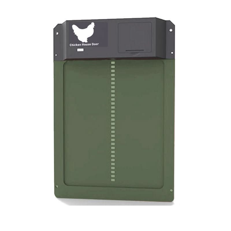 Happy chickens approaching their automatic coop door. Daylight sensor ensures safety, convenience, & predator protection.