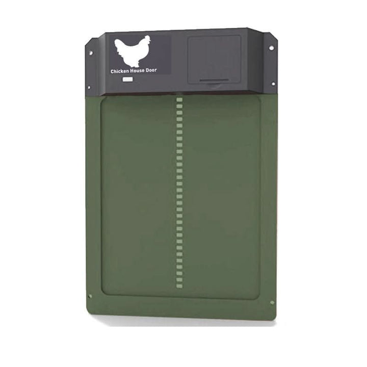 Happy chickens approaching their automatic coop door. Daylight sensor ensures safety, convenience, & predator protection.