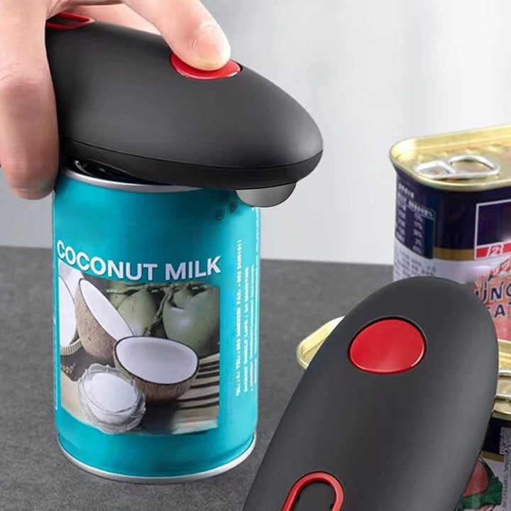 Automatic electric can opener effortlessly opening a can, a must-have hands-free kitchen tool.