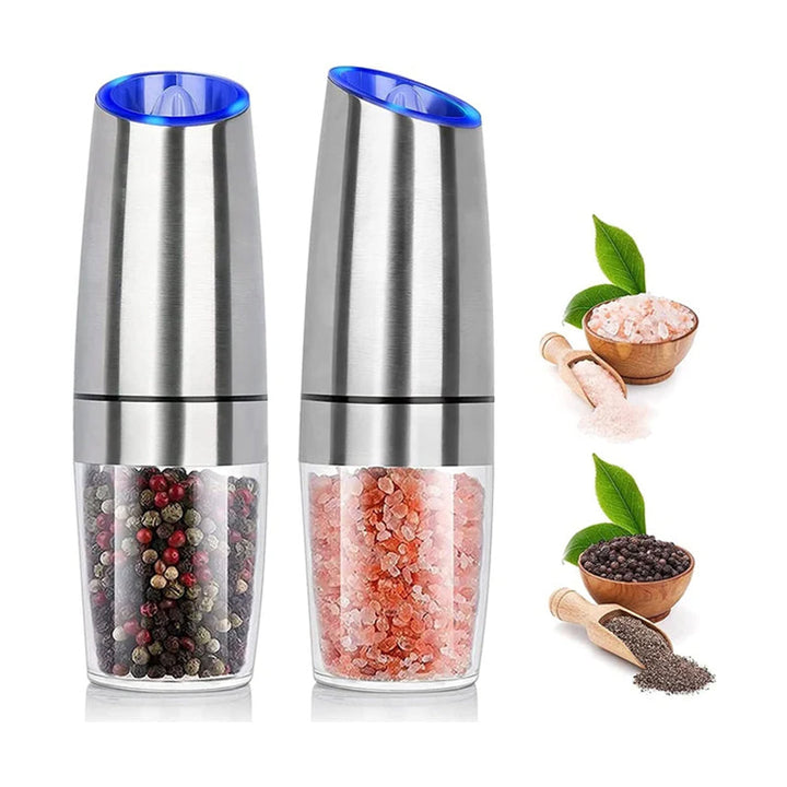 Automatic electric pepper grinder with LED light, stainless steel finish, gravity sensor for effortless grinding
