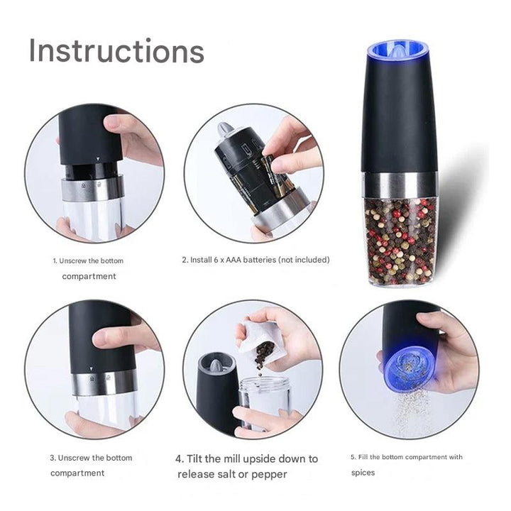 High-tech electric grinder for spices, automatic with gravity sensor, LED illumination, stainless steel
