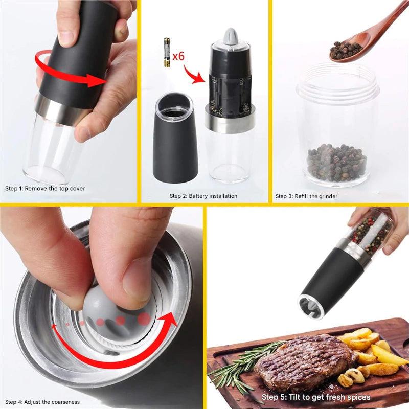 Compact electric pepper mill with automatic gravity function and LED light, a practical kitchen accessory