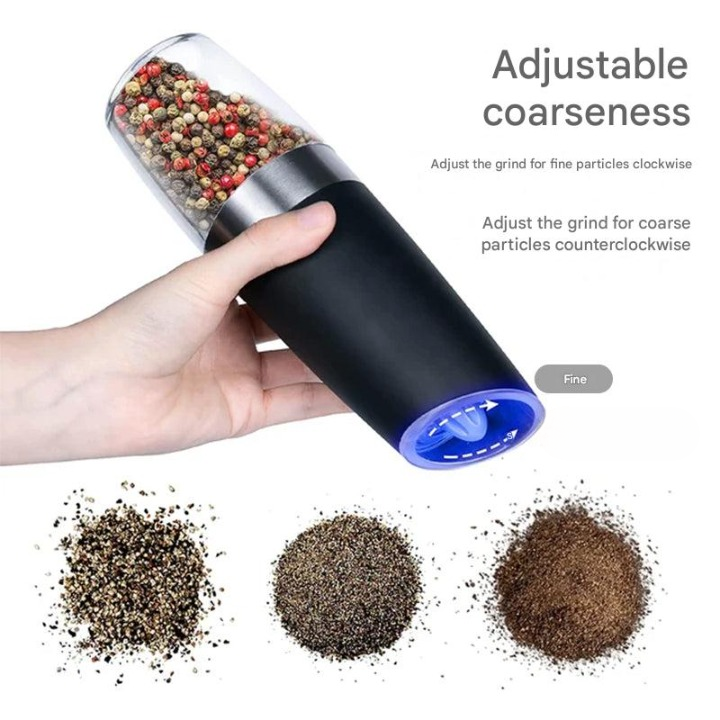 Stainless steel electric salt and pepper grinder with intuitive gravity sensor and integrated LED light