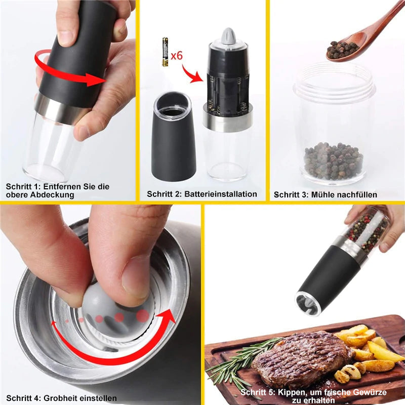 Stylish electric salt and pepper mill with smart gravity induction, LED lighting, perfect for home kitchen