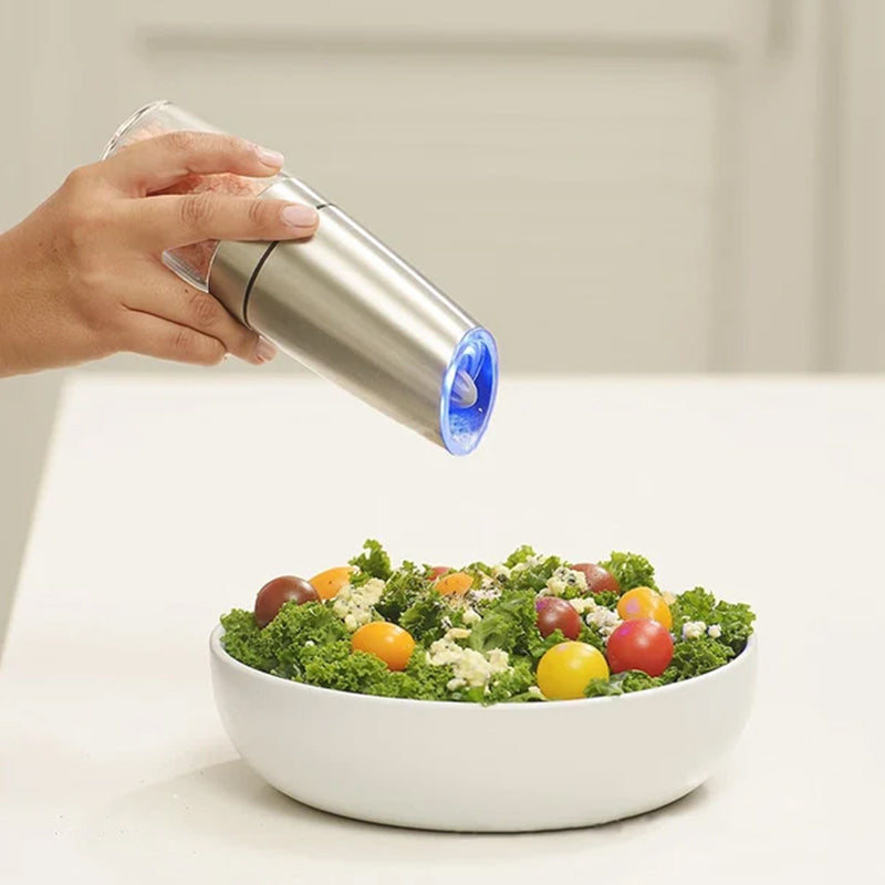 Gravity sensor electric pepper mill, featuring bright LED light, sleek stainless steel kitchen accessory