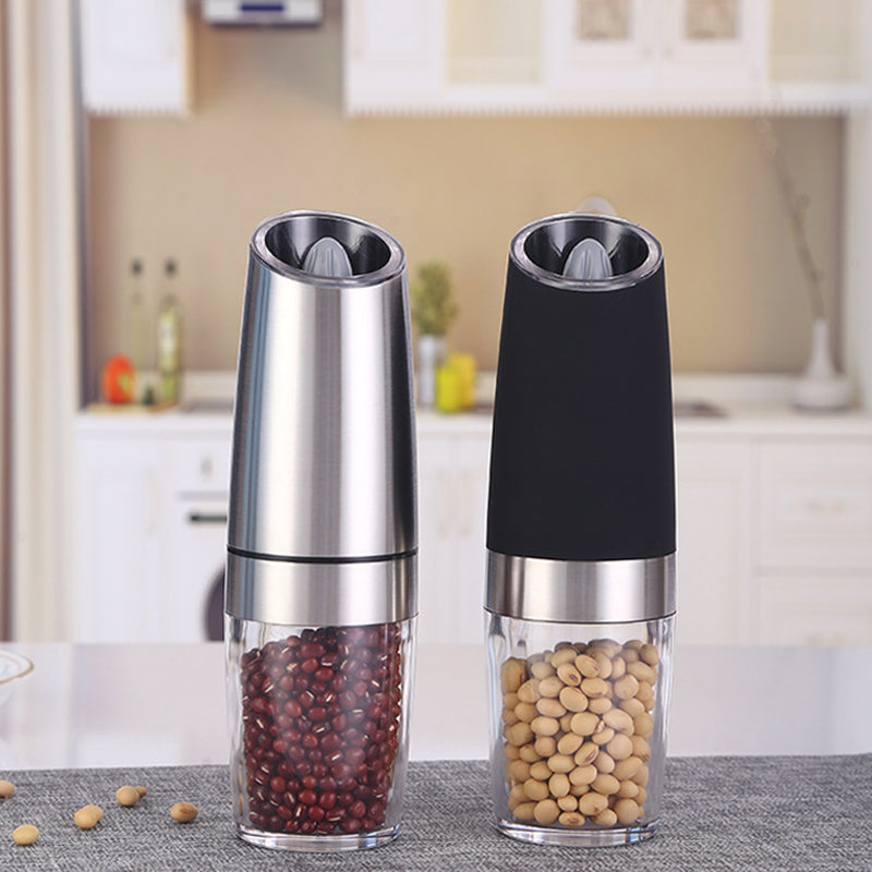 Hands-free electric pepper grinder with gravity activation and clear LED illumination for cooking