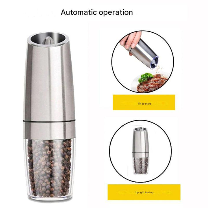 Durable stainless steel electric spice mill, automatically grinds pepper with gravity and LED light