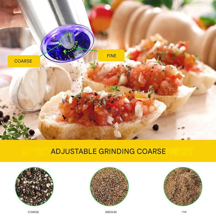 Elegant electric salt pepper mill, automatic gravity induction with LED, stainless steel for home chefs