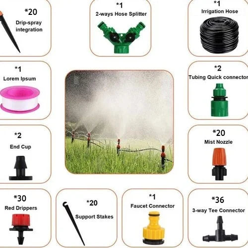 Efficient automatic garden irrigation system with adjustable drip nozzles for comprehensive plant coverage.