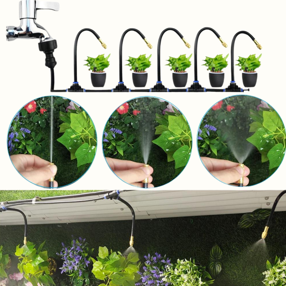 Automatic garden irrigation system with AquaBloom for effortless, precise watering of plants & lawn, saving water.