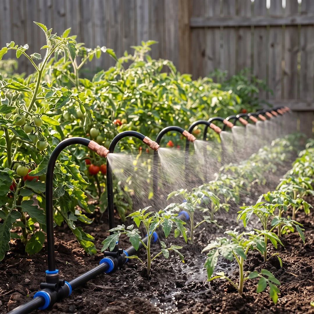 Automatic garden misting system for effortless plant hydration & irrigation.